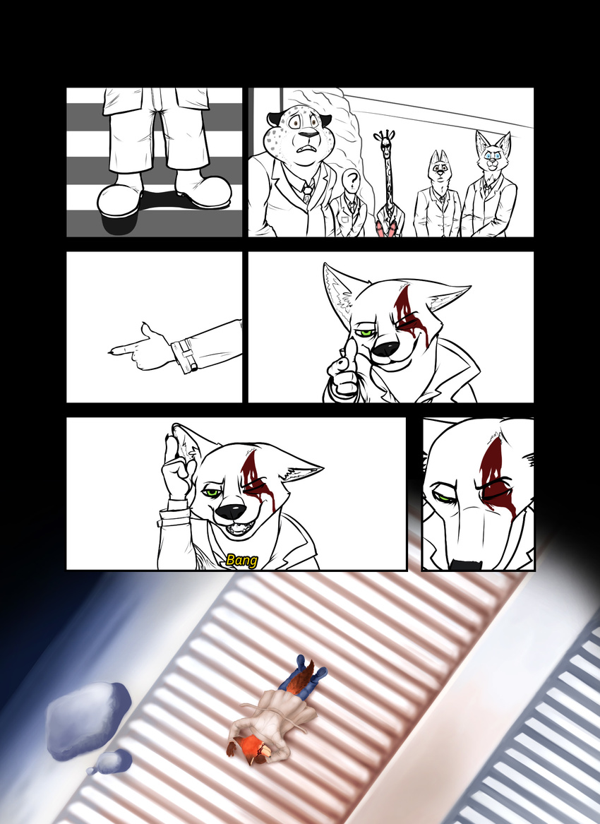 2016 anon anthro benjamin_clawhauser blood canine cat clothed clothing comic cowboy_bebop crossover death disney dog english_text feline footwear fox fur giraffe green_eyes half-closed_eyes hi_res human jack_savage jonsthaman lagomorph male mammal necktie nick_wilde one_eye_closed rabbit shoes simple_background suit text white_background zootopia