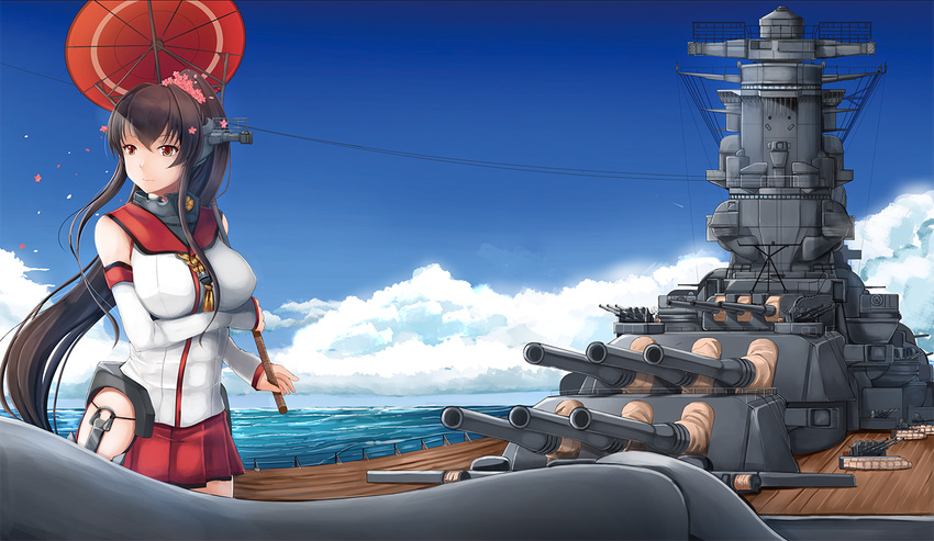 anchor battleship breasts brown_hair cherry_blossoms chiyo_goya cloud day detached_sleeves flower hair_flower hair_ornament headgear imperial_japanese_navy kantai_collection large_breasts long_hair military military_vehicle miniskirt object_namesake ocean oriental_umbrella pleated_skirt ponytail radar radio_antenna red_skirt red_umbrella ship skirt solo turret type_96_light_machine_gun umbrella very_long_hair warship watercraft wooden_deck yamato_(battleship) yamato_(kantai_collection)