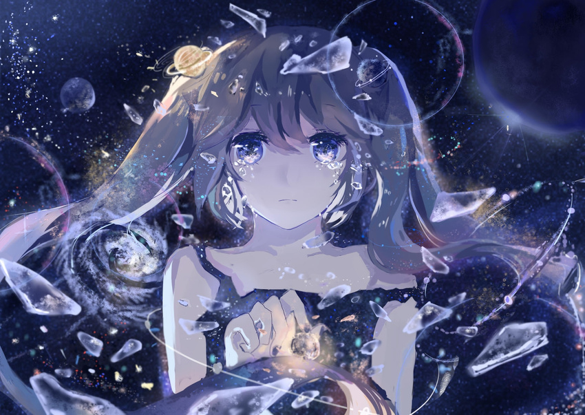 1girl blue_eyes blue_hair corpse corpse_(artist) crying female hatsune_miku highres long_hair nail_polish night sad sky solo stars tied_hair twintails vocaloid