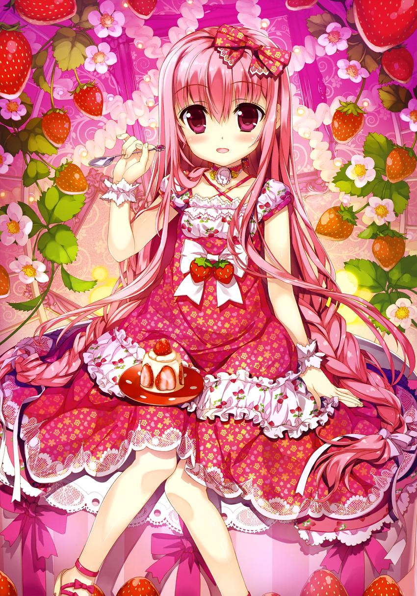 absurdres bow collarbone dress eyebrows eyebrows_visible_through_hair food fruit fujima_takuya hair_bow highres holding long_hair looking_at_viewer open_mouth original pink_hair red_dress red_eyes scan sitting solo spoon white_bow wrist_cuffs