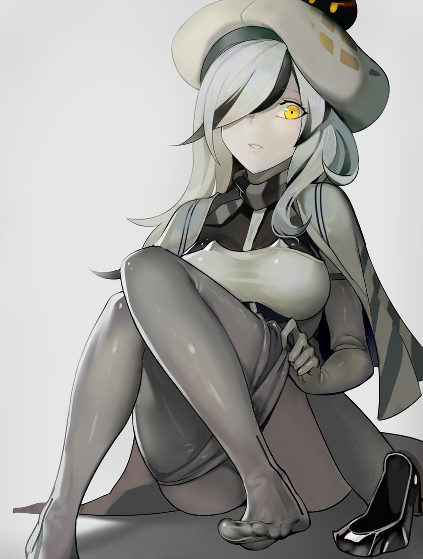 between_breasts breasts brown_eyes cape elbow_gloves eyebrows eyebrows_visible_through_hair eyes_visible_through_hair feet gloves grey_background grey_gloves grey_hair grey_legwear grey_skirt hair_over_one_eye hat highres kantai_collection lips long_hair looking_at_viewer medium_breasts open_mouth pale_skin pantyhose pantyhose_pull seaplane_tender_water_hime shadow shinkaisei-kan shoes_removed simple_background skirt solo walzrj