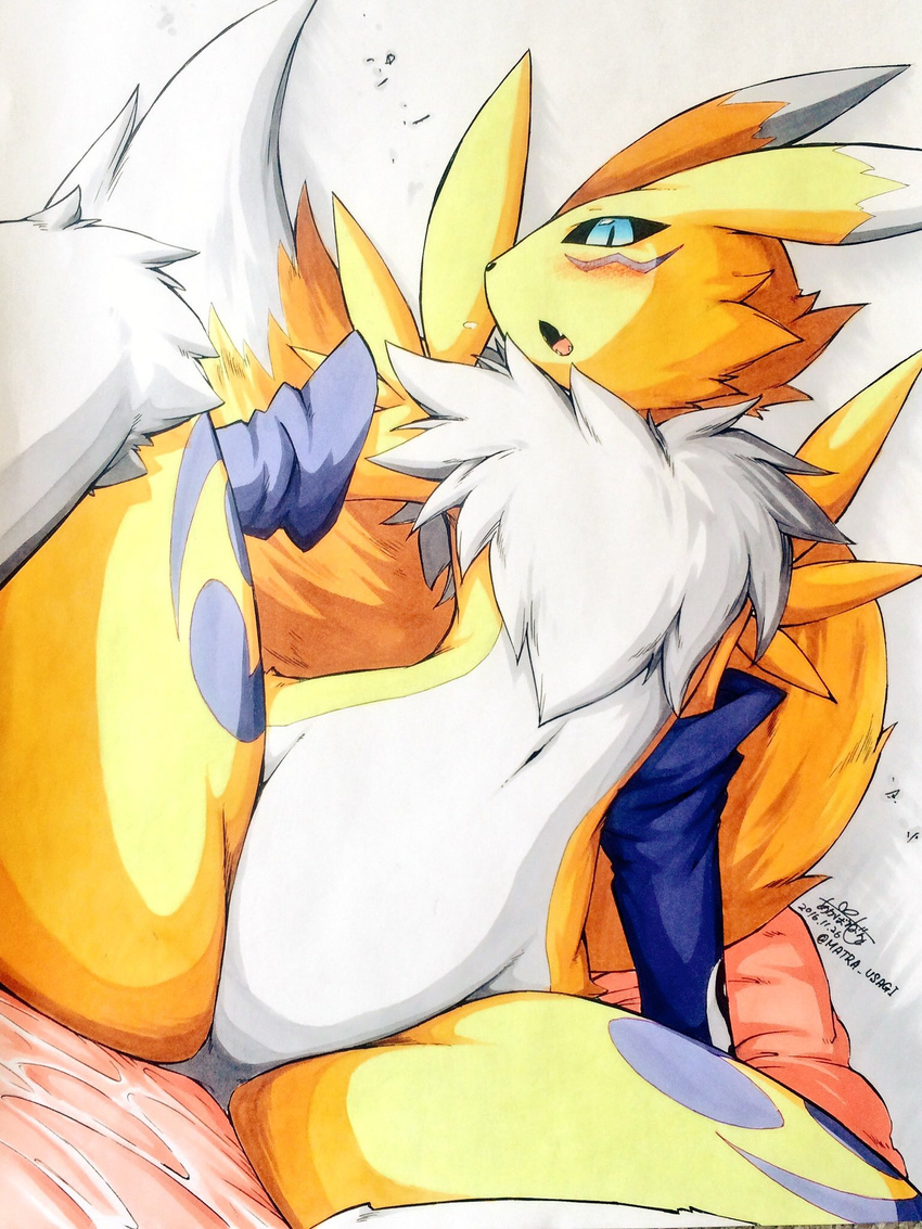 2016 ambiguous_gender blush canine digimon fox fur looking_at_viewer mammal renamon solo tuft white_fur yellow_fur