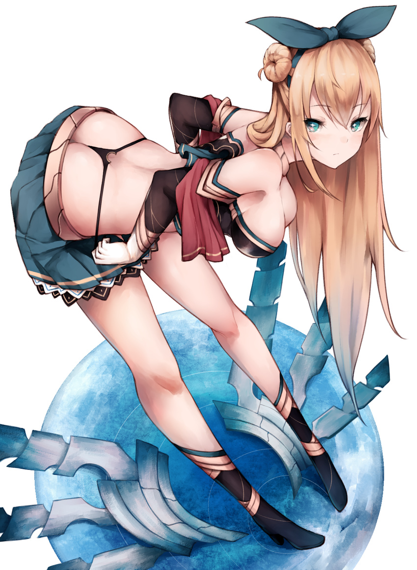 :/ anatomical_nonsense aqua_eyes ass bad_anatomy bad_id bad_pixiv_id black_gloves blonde_hair blue_ribbon blue_skirt blush boots breasts commentary double_bun elbow_gloves eyebrows eyebrows_visible_through_hair full_body gloves hair_between_eyes hair_ribbon high_heel_boots high_heels highres inaba_sunimi lace lace-trimmed_skirt leaning_forward legs long_hair original panties pleated_skirt ribbon sideboob simple_background skirt solo standing star star-shaped_pupils string_pull symbol-shaped_pupils thighs thong underwear whale_tail white_background white_gloves