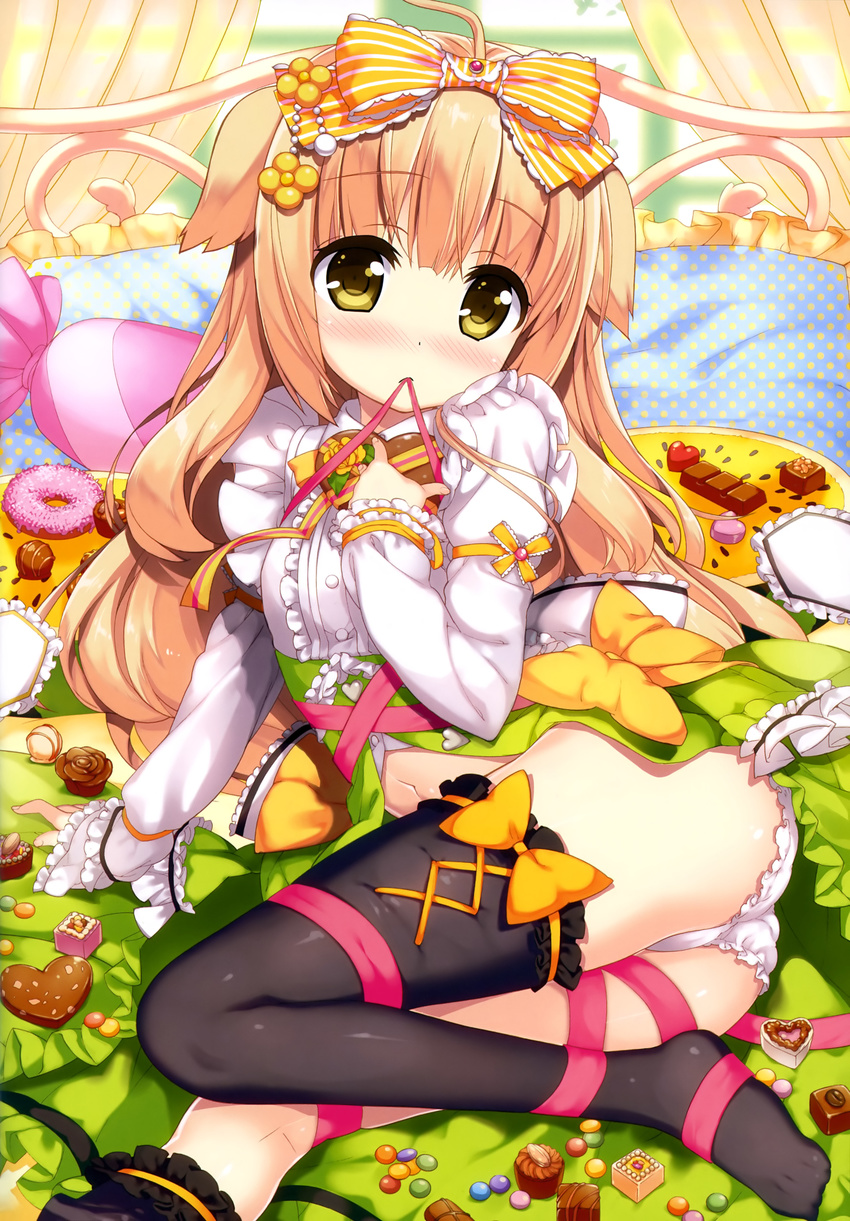 absurdres ahoge animal_ears arm_support asymmetrical_legwear black_legwear bow center_frills dog_ears eyebrows eyebrows_visible_through_hair frilled_pillow frills fujima_takuya highres light_brown_hair long_hair looking_at_viewer navel original panties pillow pink_ribbon ribbon scan solo striped striped_bow thigh_bow thighhighs underwear white_panties yellow_bow yellow_eyes