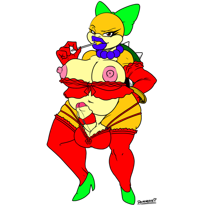 absurd_res anthro ball_bra balls big_balls big_breasts breasts candy clothing dickgirl doomington food hair_bow hair_ribbon hi_res intersex koopa koopaling legwear lingerie lollipop mario_bros nintendo penis ribbons robinebra scalie slightly_chubby solo stockings video_games wendy_o_koopa