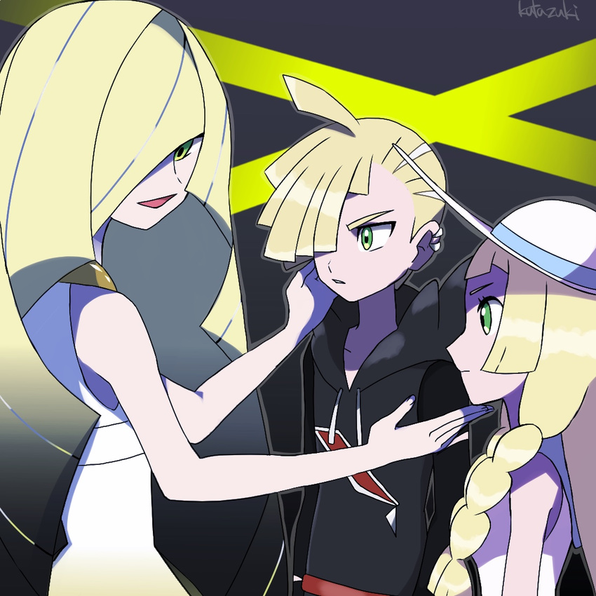 asymmetrical_hair bare_arms blue_hair braid brother_and_sister dress earrings empty_eyes family gladio_(pokemon) gradient gradient_background hair_over_one_eye hand_on_another's_face hat hood hood_down jewelry kuruto. lillie_(pokemon) long_hair lusamine_(pokemon) mother_and_daughter mother_and_son multicolored_hair multiple_girls open_mouth pokemon pokemon_(game) pokemon_sm short_hair siblings sleeveless sleeveless_dress smile streaked_hair twin_braids very_long_hair white_dress white_hat