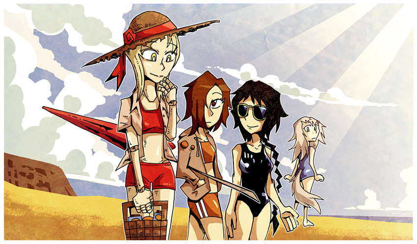 4girls beach black_hair blonde_hair bloodborne braid brown_hair closed_umbrella cloud cloudy_sky dark_souls dark_souls_ii demon's_souls doll doll_joints dragon_girl emerald_herald hat horns light_rays maiden_in_black multiple_girls one-piece_swimsuit open_clothes open_shirt plain_doll priscilla_the_crossbreed setz shirt sky souls_(from_software) sun_hat sunbeam sunglasses sunlight swimsuit tail umbrella white_hair