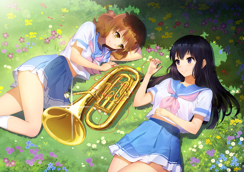 black_hair blush brown_eyes brown_hair euphonium flower grass hibike!_euphonium highres instrument kousaka_reina long_hair lying multiple_girls neckerchief on_back on_side oumae_kumiko pink_neckwear purple_eyes red_ribbon ribbon school_uniform serafuku short_hair skirt smile vmax-ver yuri