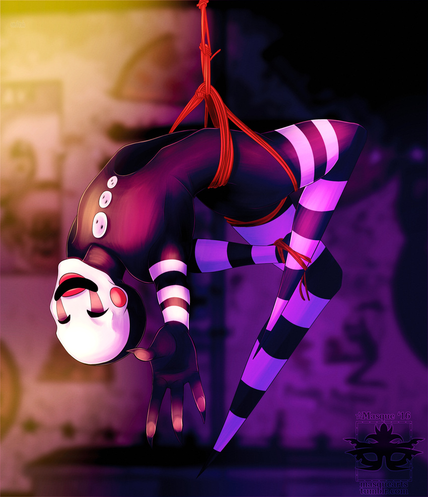 2016 butt claws clothed clothing english_text five_nights_at_freddy's five_nights_at_freddy's_2 giaru_(artist) hi_res humanoid inside looking_at_viewer male marionette_(fnaf) mask not_furry pointed_feet puppet rope skinny smile stripes text video_games watermark wires