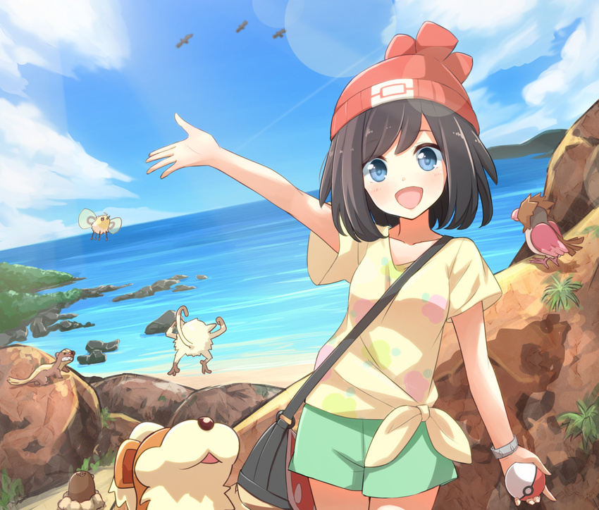 alolan_diglett arm_up bag bangs beach beanie black_hair blue_eyes blue_sky cloud cutiefly day gen_1_pokemon gen_3_pokemon gen_7_pokemon growlithe handbag hat holding holding_poke_ball mankey mizuki_(pokemon) ocean outdoors poke_ball poke_ball_(generic) pokemon pokemon_(creature) pokemon_(game) pokemon_sm red_hat rock sand shirt short_hair short_shorts short_sleeves shorts sky spearow swept_bangs t-shirt walkure water wingull yungoos z-ring