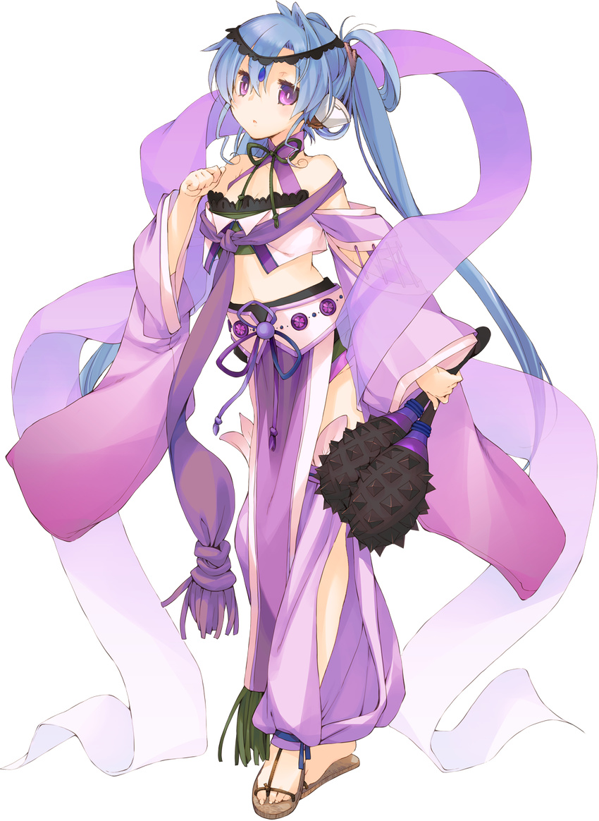 :o aquaplus blue_hair breasts bright_pupils cleavage clenched_hand dancer dungeon_travelers_2 full_body highres holding ist kokonoka large_breasts long_hair midriff official_art purple_eyes sandals solo transparent_background
