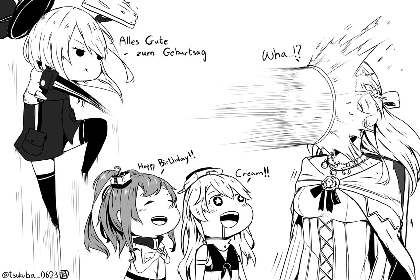 :x absurdres bismarck_(kantai_collection) braid chibi commentary dress drooling english food french_braid german greyscale happy_birthday hat highres in_the_face iowa_(kantai_collection) kantai_collection lineart long_hair monochrome motion_blur multiple_girls off-shoulder_dress off_shoulder pie pie_in_face saratoga_(kantai_collection) shawl thighhighs throwing tsukuba_0623 twitter_username warspite_(kantai_collection)