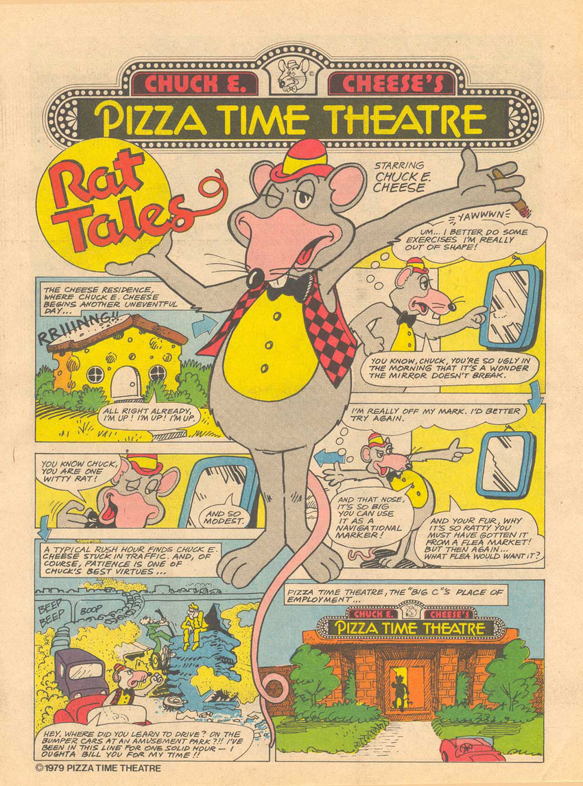 1979 anthro big_nose chuck_e_cheese chuck_e_cheese's cigar clothed clothing comic derby english_text food fur grey_fur humor looking_at_viewer mammal old pizza rat ratty_fur rodent simple_background text