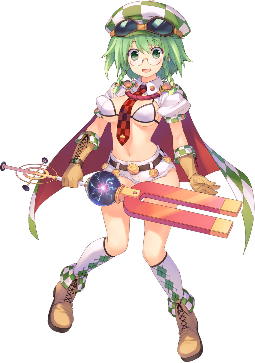 aquaplus bikini_top boots braid capelet checkered dungeon_travelers_2 full_body glasses gloves goggles goggles_on_head green_eyes green_hair hat highres holding kneehighs long_hair looking_at_viewer magnet monica_macy navel necktie official_art open_mouth rimless_eyewear short_shorts short_sleeves shorts side_braid solo sumaki_shungo transparent_background twin_braids