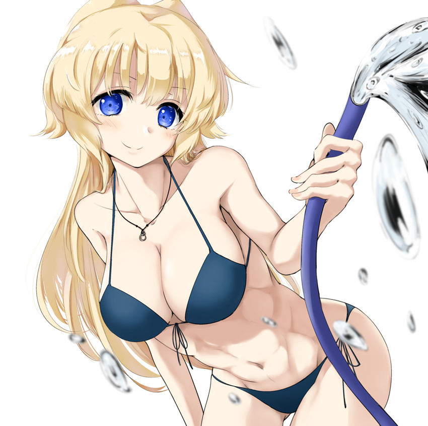 abs bangs bare_arms bare_shoulders bikini blonde_hair blue_bikini blue_eyes blush breasts collarbone cowboy_shot hair_intakes hose jewelry large_breasts leaning_forward long_hair looking_at_viewer navel necklace regalia_the_three_sacred_stars revision rocha_(aloha_ro_cha) side-tie_bikini simple_background smile solo swimsuit tareme water white_background yuinshiel_asteria