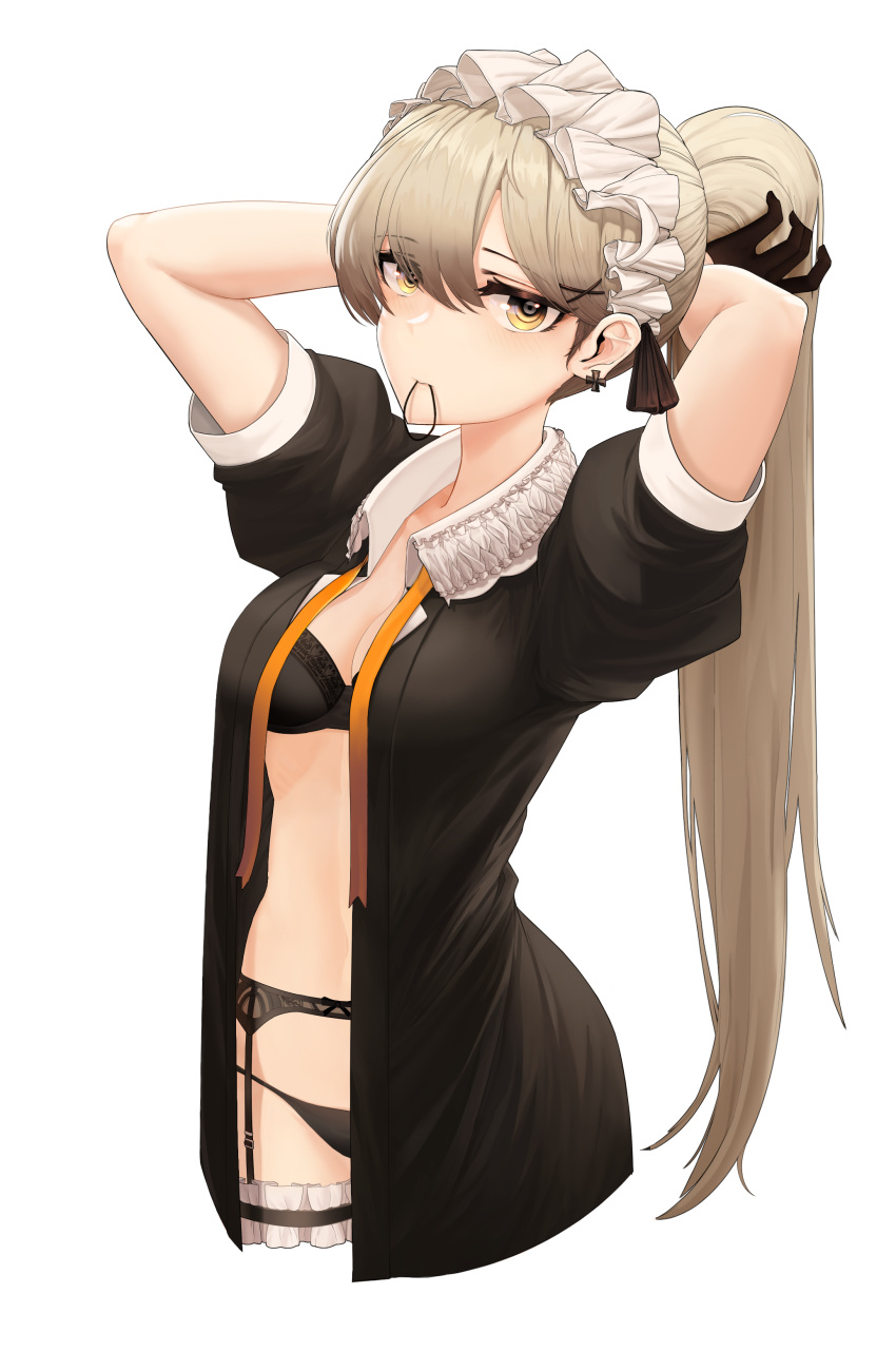 1girl absurdres bangs black_bra black_gloves black_legwear black_panties blush bra breasts cleavage collar collared_dress commentary_request cropped_legs cross cross_earrings dress earrings eyebrows_visible_through_hair frilled frilled_collar frills garter_belt garter_straps girls_frontline gloves hachirodesu hair_between_eyes hair_ornament hair_tie_in_mouth hairclip highres jewelry leg_garter light_brown_hair long_hair looking_at_viewer maid_headdress medium_breasts mouth_hold neck_ribbon open_clothes open_dress orange_ribbon panties ppk_(girls_frontline) ribbon sidelocks simple_background single_thighhigh thighhighs tying_hair underwear white_background x_hair_ornament yellow_eyes