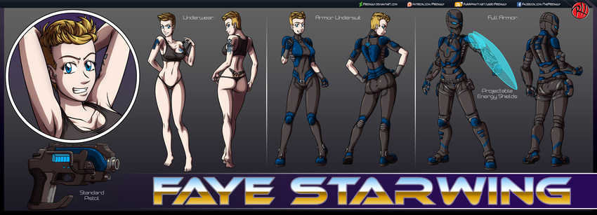 armor big_breasts blonde_hair breasts clothing digital_media_(artwork) faye_starwing female gun hair handgun human mammal model_sheet pistol pose predaguy ranged_weapon science_fiction shield smile weapon