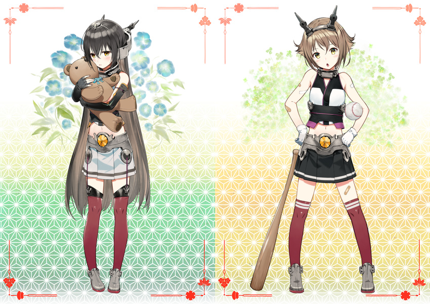 bandaid black_gloves black_hair blush brown_hair elbow_gloves fingerless_gloves gloves headgear hug kantai_collection kodama_(wa-ka-me) long_hair looking_at_viewer midriff multiple_girls mutsu_(kantai_collection) nagato_(kantai_collection) navel open_mouth pleated_skirt red_legwear short_hair skirt softball softball_bat stuffed_animal stuffed_toy teddy_bear thighhighs very_long_hair white_gloves younger