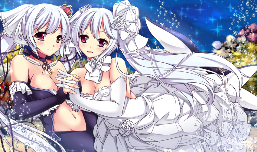 bangs bare_shoulders black_gloves blush breasts bridal_veil bubble cardfight!!_vanguard choker cleavage collarbone crown dress elbow_gloves eyebrows eyebrows_visible_through_hair flower gloves hair_flower hair_ornament hat holding_hands jewelry long_hair looking_at_viewer medium_breasts mermaid midriff mini_hat monster_girl multiple_girls navel necklace peaceful_voice_raindear pink_eyes sheita sleeveless sleeveless_dress smile sparkle tail twintails underwater veil velvet_voice_raindear very_long_hair wedding_dress white_gloves white_hair