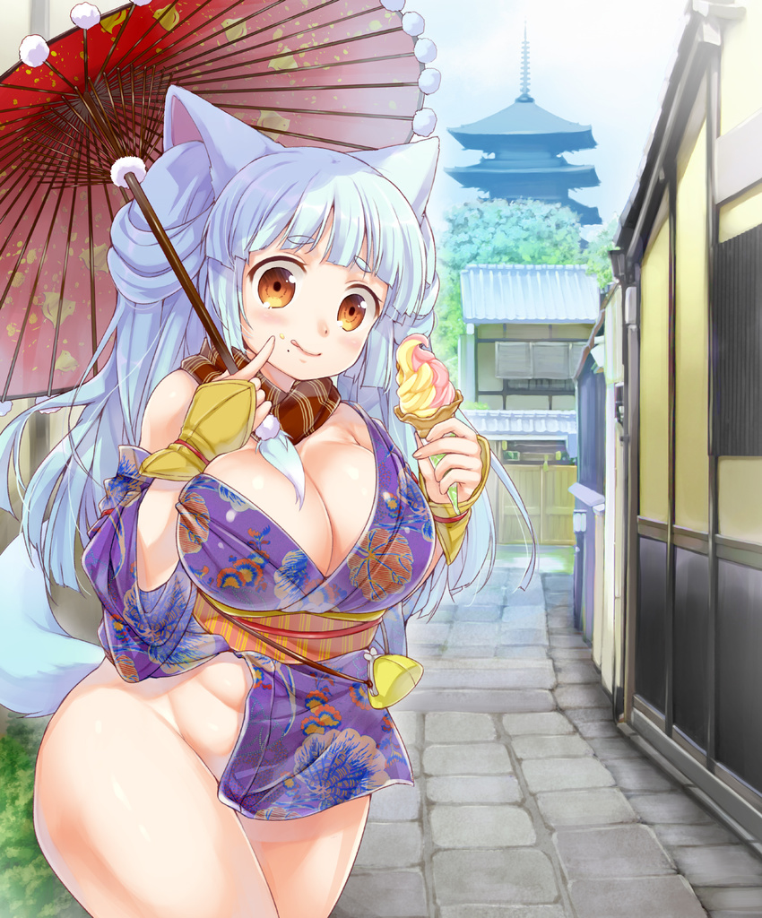 1girl animal_ears bare_shoulders belt blue_hair breasts brown_eyes city cleavage fat_folds female fingerless_gloves fox_ears fox_tail gloves highres ice_cream japan japanese_clothes kyoto large_breasts licking_lips long_hair long_twintails looking_at_viewer miyano_ururu mole no_panties no_underwear original outdoors parasol plump scarf smile solo standing street tail twintails wide_hips yukata