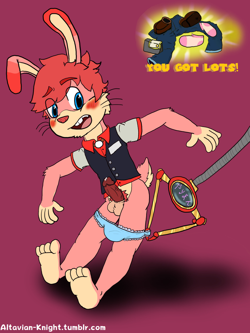 altavianknight64 anthro arcade_bunny baito balls being_stripped blush clothed clothing crossdressing erection invalid_tag lagomorph machine male mammal nintendo nintendo_badge_arcade panties rabbit stripped toes underwear video_games