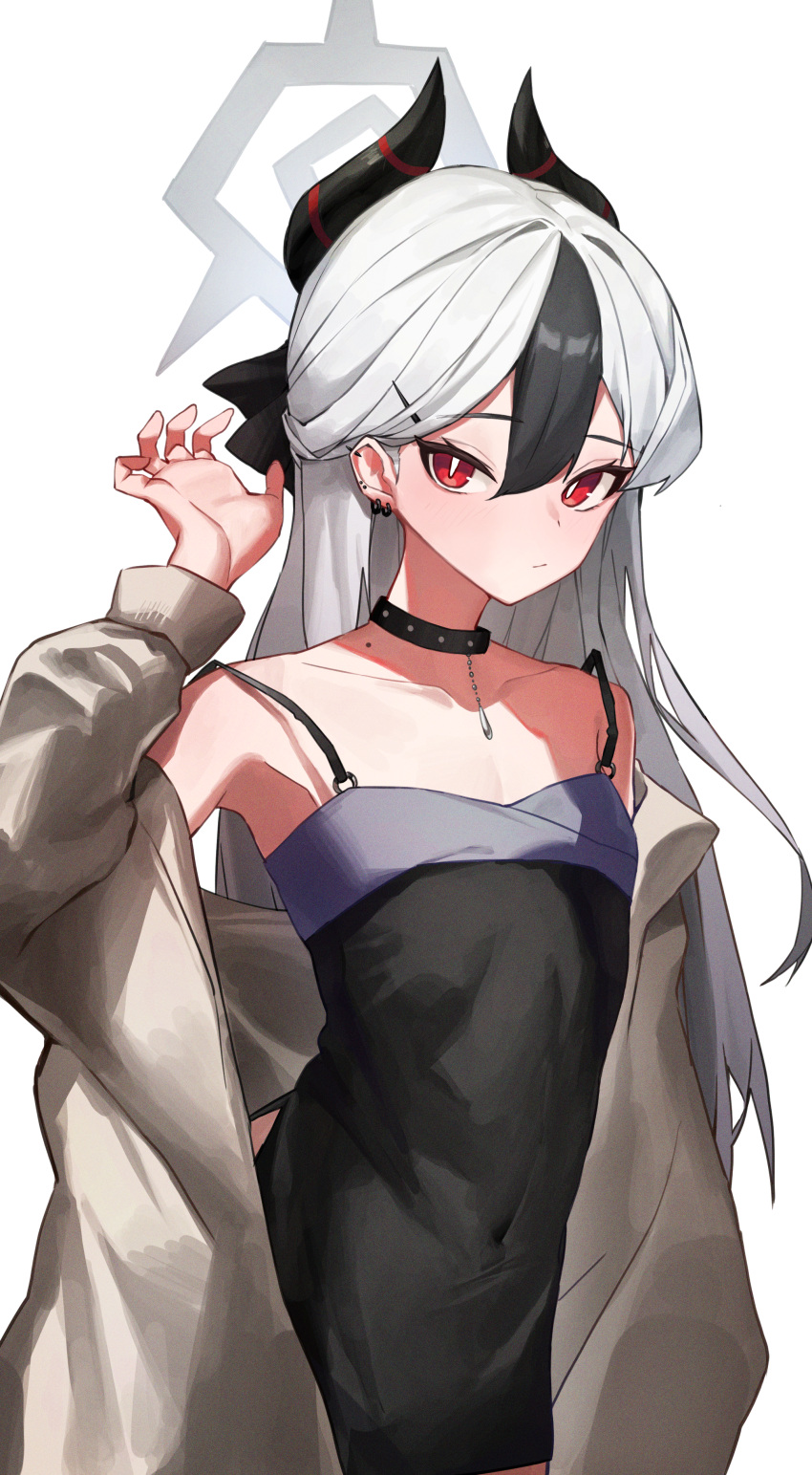 1girl absurdres armpits black_choker black_dress black_hair blue_archive blush breasts bright_pupils cardigan choker collarbone commentary_request covered_navel demon_horns dress ear_piercing earrings grey_cardigan grey_hair hair_between_eyes halo highres horns jewelry kayoko_(blue_archive) kayoko_(dress)_(blue_archive) leste_(humansequencer) long_hair looking_at_viewer mole mole_on_collarbone multicolored_hair official_alternate_costume piercing red_eyes simple_background sleeveless sleeveless_dress small_breasts solo stud_earrings two-tone_hair very_long_hair white_background white_pupils