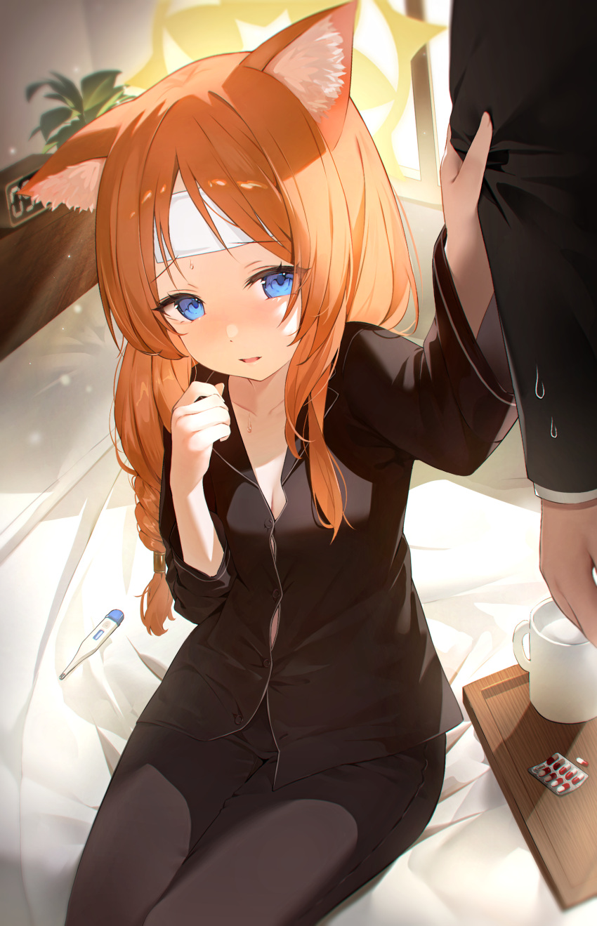 1girl 1other absurdres animal_ear_fluff animal_ears bed bed_sheet black_pajamas black_pants blue_archive blue_eyes blush breasts buttons cat_ears clock collarbone digital_clock halo highres indoors lel long_hair looking_at_viewer mari_(blue_archive) open_mouth orange_hair pajamas pants pill seven-segment_display sitting small_breasts solo_focus window yellow_halo