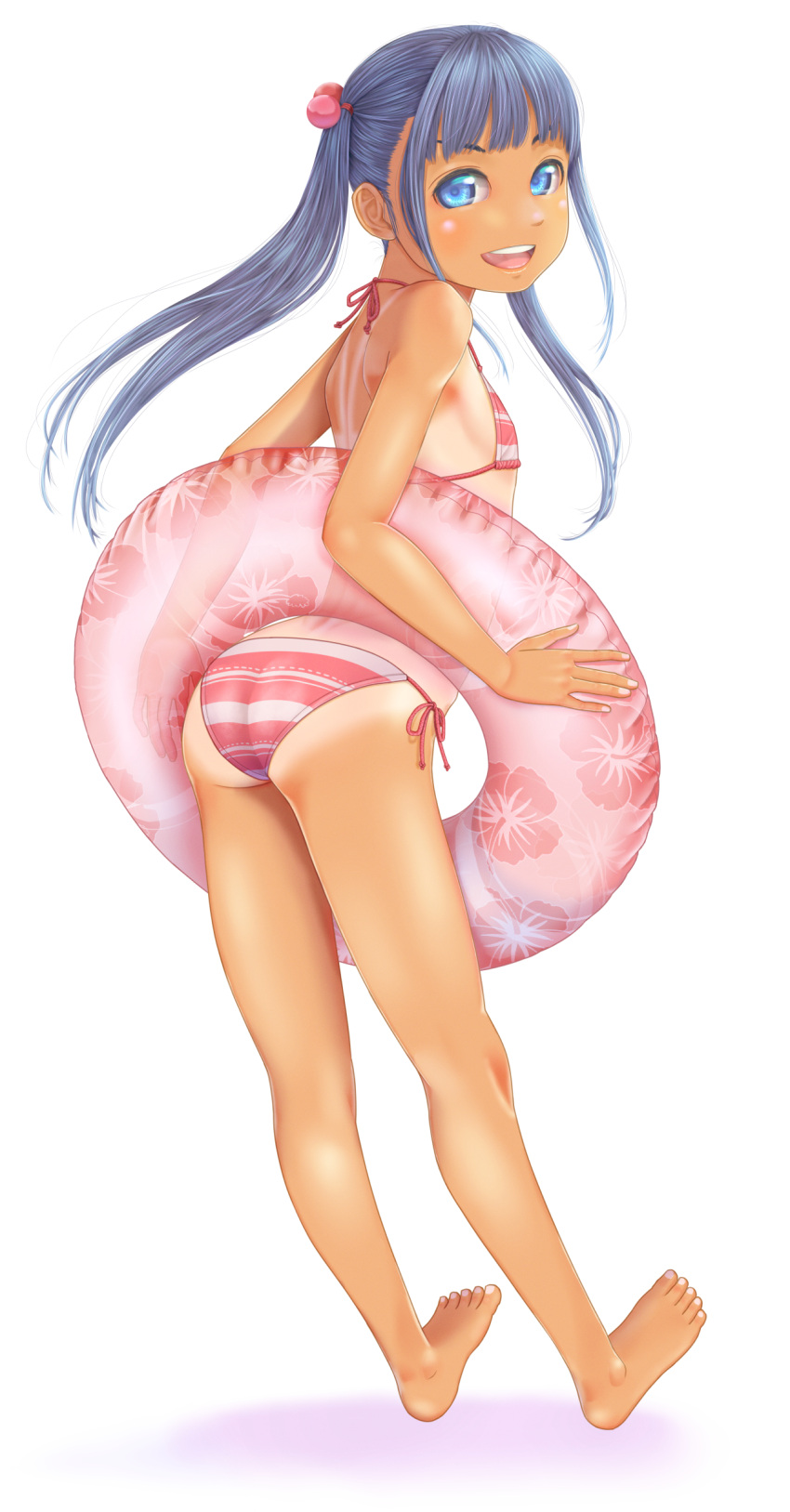 1girl absurdres ass barefoot bikini blue_eyes blue_hair commentary_request full_body hair_bobbles hair_ornament highres innertube long_hair looking_at_viewer looking_back open_mouth original red_bikini side-tie_bikini_bottom smile solo striped_bikini striped_clothes swim_ring swimsuit tan tanlines twintails uzuki_mei