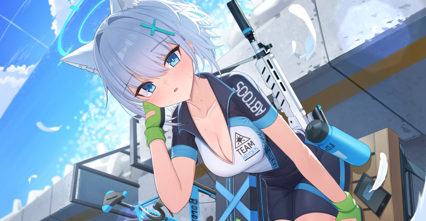 1girl absurdres animal_ear_fluff animal_ears bike_jersey black_shorts blue_archive blue_eyes blue_halo blue_sky blush breasts cellphone cleavage cloud commentary cross_hair_ornament gloves green_gloves hair_ornament halo highres looking_at_viewer medium_breasts official_alternate_costume open_mouth pang-yo phone shiroko_(blue_archive) shiroko_(cycling)_(blue_archive) short_hair shorts sky smartphone solo symbol-only_commentary water wolf_ears