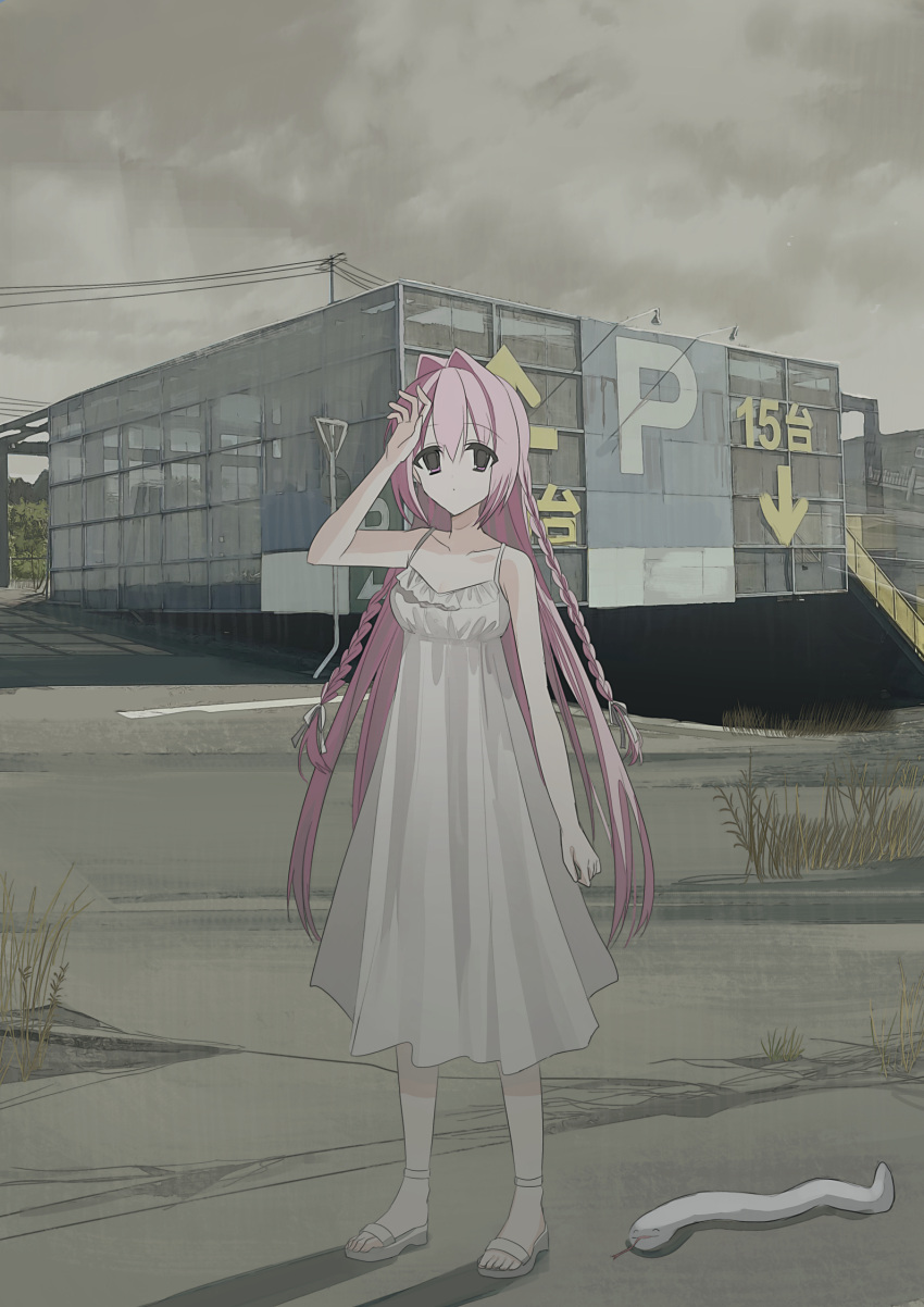 1girl animal arm_up arrow_(symbol) bare_arms bare_shoulders braid building chihuri collarbone commentary_request dress frilled_dress frills grass hair_between_eyes hair_intakes highres long_hair nea_(chihuri) original outdoors overcast pink_hair power_lines purple_eyes sandals sky sleeveless sleeveless_dress snake solo standing translation_request twin_braids very_long_hair white_dress white_footwear white_snake