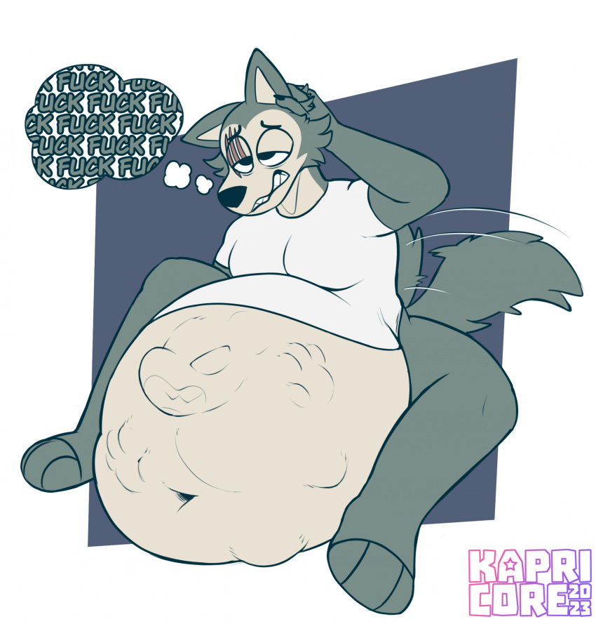 2023 abdominal_bulge anthro beastars belly big_belly body_outline bottomless canid canine canis clothed clothing deep_navel duo embarrassed eye_scar facial_scar hi_res huge_belly kapricore legoshi_(beastars) male mammal navel profanity scar shirt shirt_only simple_background tail tail_motion tailwag tan_body thought_bubble topwear topwear_only vore wolf