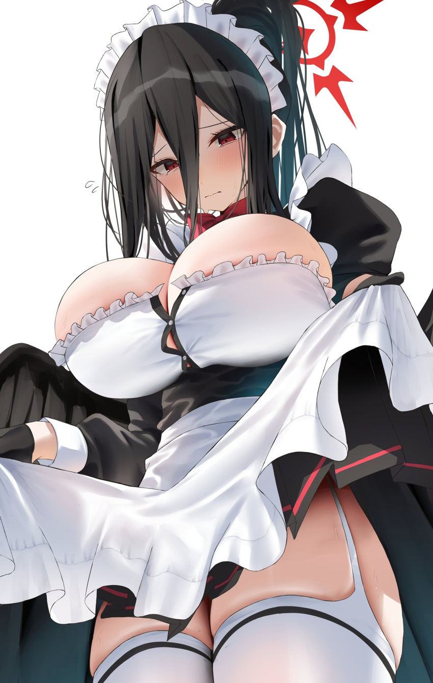 1girl alternate_costume apron apron_lift black_hair blue_archive breasts cleavage closed_mouth clothes_lift enmaided halo hasumi_(blue_archive) highres lifted_by_self long_hair looking_at_viewer maid maid_apron nidaime_(doronbo) red_halo solo
