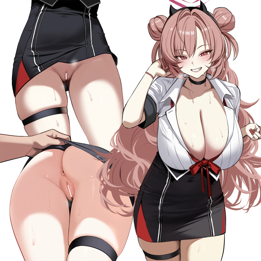 1girl anus ass ass_focus ateoyh bar_censor black_choker black_skirt blue_archive blush breasts censored choker cleavage clothes_lift collared_shirt double_bun fake_horns fingernails grin hair_bun halo hetero highres horns huge_breasts kirara_(blue_archive) lifting_another's_clothes long_fingernails long_hair looking_at_viewer nail_polish no_panties pink_eyes pink_hair pink_halo pussy pussy_juice red_nails shirt short_sleeves simple_background skirt skirt_lift smile solo thigh_strap white_background white_shirt