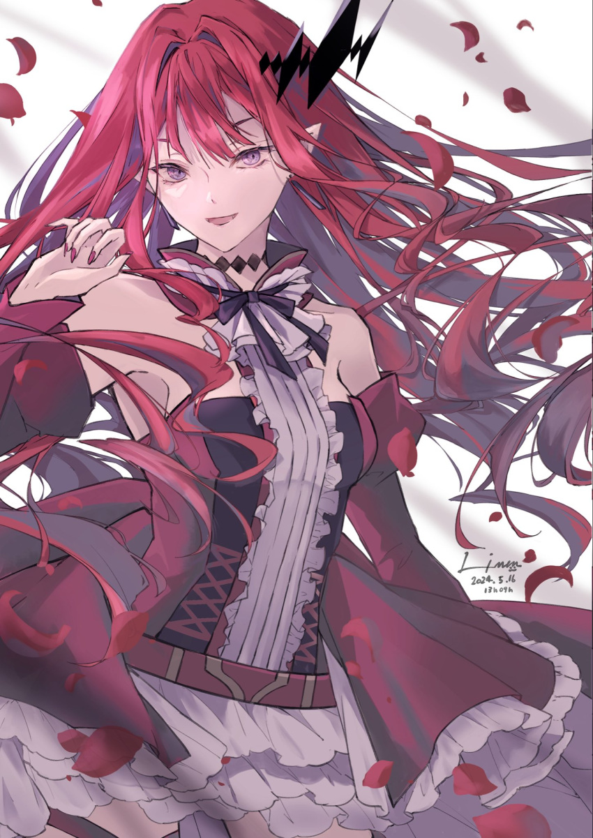 1girl baobhan_sith_(fate) baobhan_sith_(first_ascension)_(fate) bare_shoulders breasts dated detached_sleeves dress earrings falling_petals fangs fate/grand_order fate_(series) frilled_dress frills grey_eyes hair_ornament hand_up highres jewelry linen_illust long_hair nail_polish open_mouth petals pink_hair pointy_ears red_dress red_nails sidelocks signature smile solo white_background