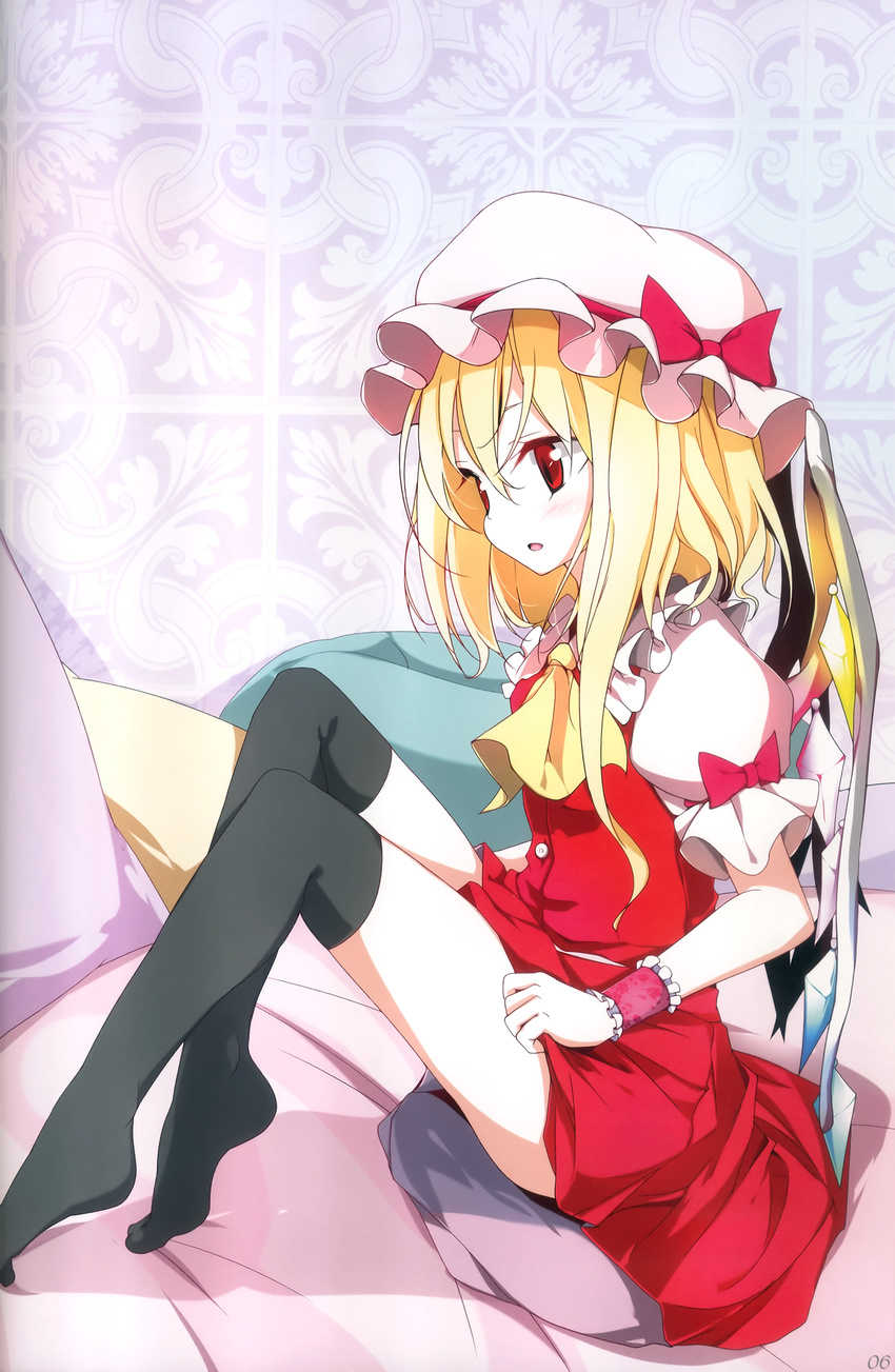 absurdres bed blonde_hair duplicate feet flandre_scarlet hat highres oouso open_mouth red_eyes side_ponytail solo touhou wings