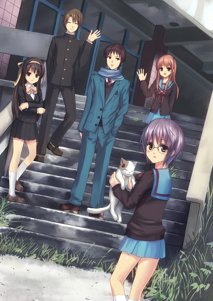 3girls alternate_costume alternate_hairstyle asahina_mikuru bad_id bad_pixiv_id brown_eyes brown_hair cardigan cat glasses grey_hair highres kita_high_school_uniform koizumi_itsuki kouyouen_academy_uniform koyama_tomosato kyon long_hair multiple_boys multiple_girls nagato_yuki pantyhose school_uniform serafuku shamisen_(suzumiya_haruhi) short_hair stairs suzumiya_haruhi suzumiya_haruhi_no_shoushitsu suzumiya_haruhi_no_yuuutsu