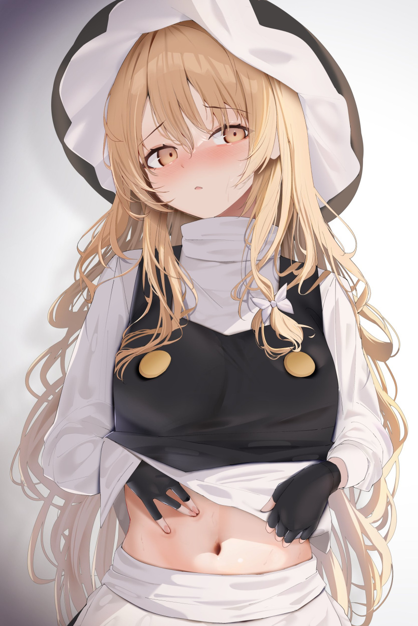 1girl 258n absurdres apron black_gloves black_hat black_vest blonde_hair blush bow breasts buttons clothes_lift embarrassed fingerless_gloves frilled_hat frills full-face_blush gloves hair_between_eyes hair_bow hat highres kirisame_marisa lifted_by_self long_hair long_sleeves looking_at_viewer navel parted_lips shirt shirt_lift small_breasts solo touhou upper_body very_long_hair vest waist_apron white_background white_bow white_shirt yellow_eyes