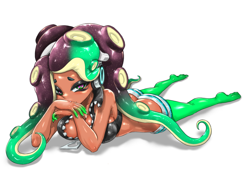 1girl aqua_hair bare_shoulders breasts butt_crack cephalopod_eyes cleavage collarbone colored_skin dark-skinned_female dark_skin eyelashes gradient_hair gradient_skin green_eyes green_pantyhose green_skin headphones highres horizontal_pupils koharu2.5 large_breasts long_hair lying marina_(splatoon) mole mole_under_mouth multicolored_hair multicolored_skin no_shoes octoling on_stomach pantyhose pantyhose_under_shorts pink_pupils purple_hair shadow shorts simple_background solo splatoon_(series) splatoon_2 suction_cups tentacle_hair two-tone_hair two-tone_skin very_long_hair white_background zipper zipper_pull_tab