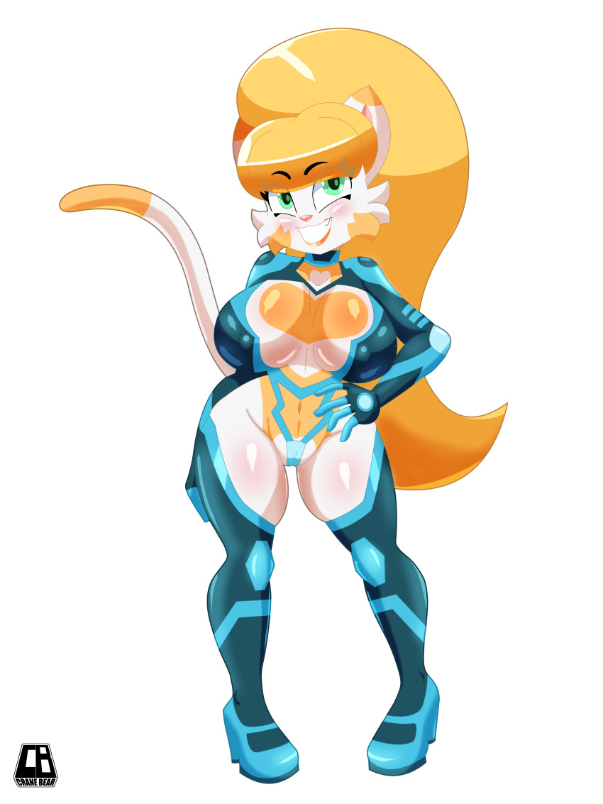 absurd_res anthro blonde_hair blue_clothing blue_suit breasts clothing cranebear domestic_cat felid feline felis female footwear genitals green_eyes hair hi_res high_heels jessica_young_melis long_hair long_tail mammal pinup pose pussy solo suit tail