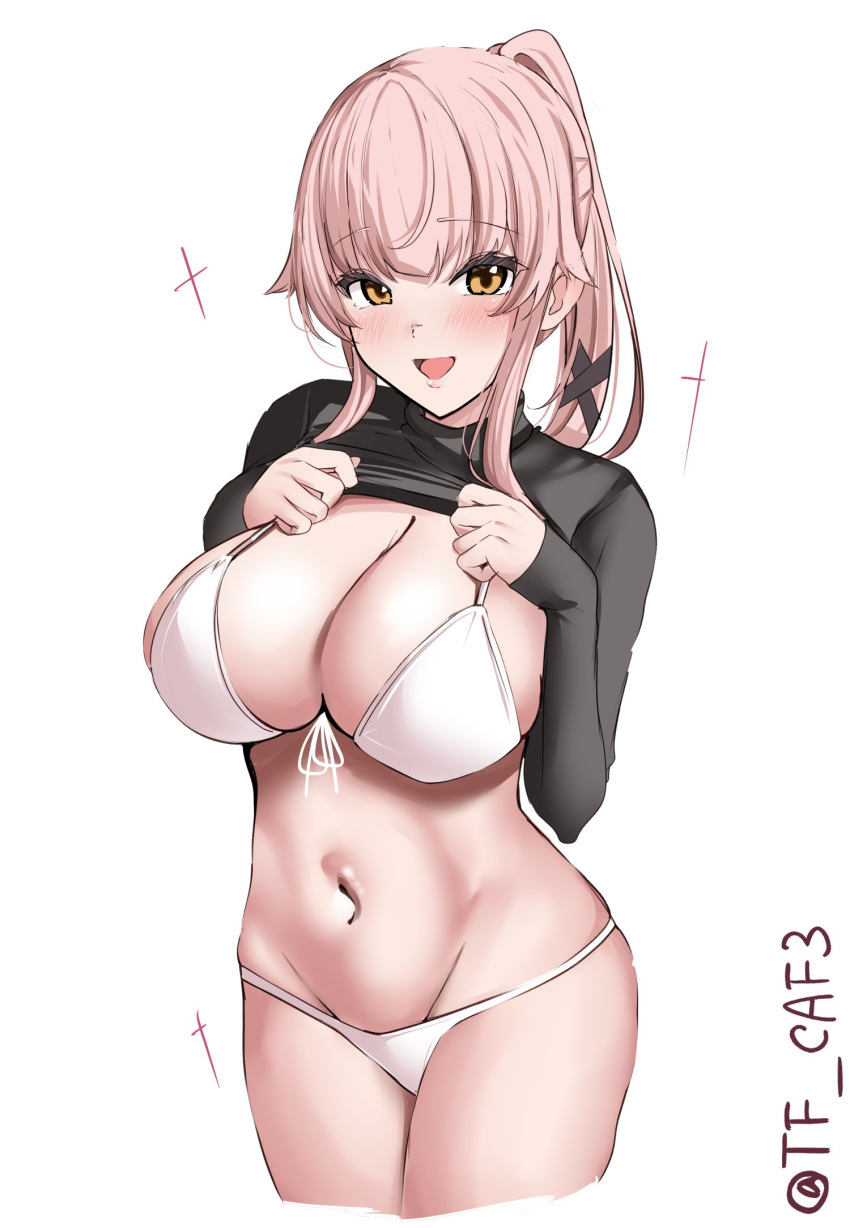 1girl alternate_costume bikini black_ribbon blush breasts clothes_lift cowboy_shot green_eyes hair_between_eyes hair_ornament hair_ribbon highres kantai_collection large_breasts lifted_by_self long_hair long_sleeves looking_at_viewer navel one-hour_drawing_challenge open_mouth pink_hair ponytail ribbon shirt_lift simple_background smile solo swimsuit tf_cafe twitter_username very_long_hair white_background white_bikini yura_(kancolle)