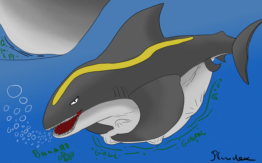 2024 abdominal_bulge absurd_res bubble burping colored digestion digestion_noises digital_drawing_(artwork) digital_media_(artwork) fatal_vore feral fish grin hi_res looking_at_viewer male marine neck_bulge ptarodex rumbling_stomach satisfied satisfied_look sea shark shark_fin shark_tail shark_teeth smile soft_vore solo struggling struggling_prey swimming three-quarter_view unwilling_prey vore water