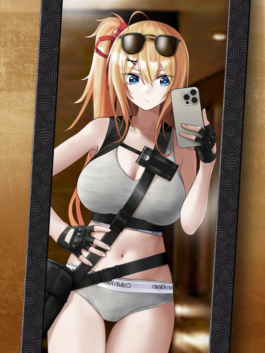 1girl absurdres ahoge bag black_gloves blonde_hair blue_eyes bra breasts calvin_klein cellphone cleavage closed_mouth commission english_commentary eyewear_on_head fingerless_gloves girls'_frontline gloves grey_bra grey_panties hair_ribbon highres holding holding_phone kalina_(girls'_frontline) long_hair looking_at_phone mirror o_o_(ywsm2327) one_side_up panties phone pouch red_ribbon reflection ribbon selfie smartphone solo sunglasses underwear