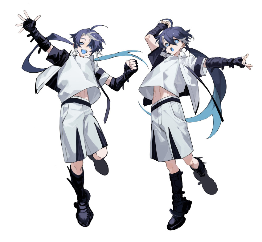 1boy :d :o ahoge arm_up bishounen black_footwear black_gloves black_jacket blue_eyes blue_hair blue_tongue bright_pupils clenched_hand colored_mouth colored_tongue commentary crossed_bangs dark_blue_hair elbow_gloves facing_viewer floating_clothes floating_hair full_body gloves gradient_hair grey_hair hair_between_eyes half-closed_eyes hand_up highres jacket knee_up kneehighs long_hair looking_at_viewer looking_to_the_side low_ponytail midriff_peek mtn multicolored_clothes multicolored_hair multicolored_jacket multiple_views open_hand open_mouth original outstretched_arm outstretched_hand ponytail raised_eyebrows sharp_teeth shirt short-sleeved_jacket short_sleeves simple_background smile socks standing standing_on_one_leg strap streaked_hair stretching sway_back symbol-only_commentary teeth three_quarter_view two-tone_jacket upper_teeth_only waving white_background white_jacket white_pupils white_shirt