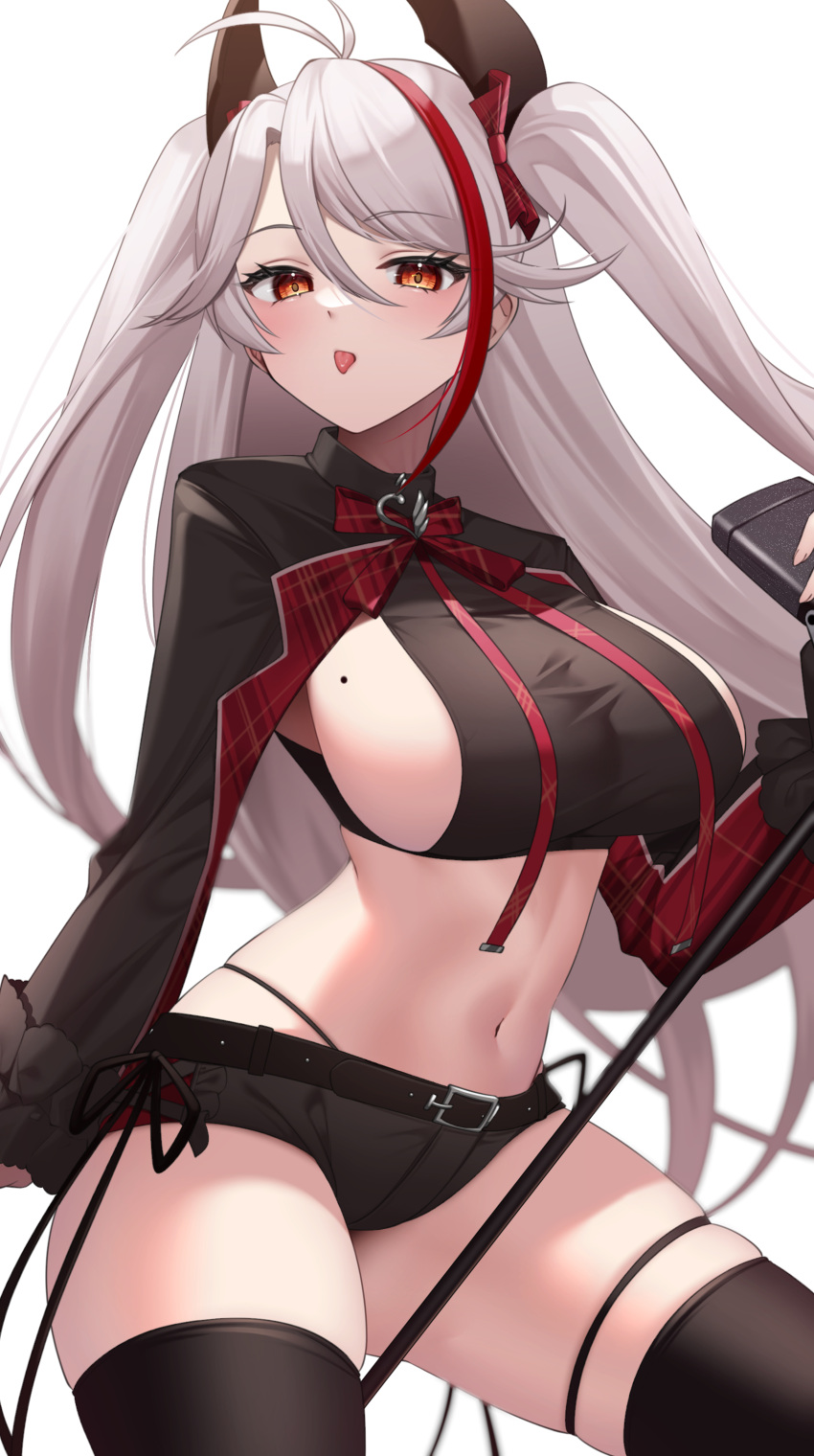 1girl absurdres antenna_hair azur_lane belt black_belt black_shorts black_shrug breasts cowboy_shot grey_hair highleg highleg_panties highres holding holding_microphone holding_microphone_stand idol idol_clothes large_breasts long_hair looking_at_viewer microphone microphone_stand midriff mole mole_on_breast multicolored_hair navel official_alternate_costume panties prinz_eugen_(azur_lane) prinz_eugen_(muse)_(azur_lane) red_hair seele0907 short_shorts shorts shrug_(clothing) sideboob sideboob_cutout sideless_shirt streaked_hair tongue tongue_out two_side_up underwear white_background