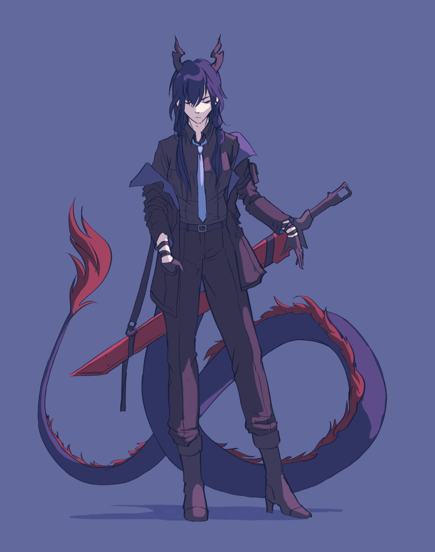 1girl arknights black_suit blue_background blue_hair blue_necktie boots business_suit ch'en_(arknights) chi_xiao_(arknights) closed_eyes collared_shirt dragon dragon_girl dragon_horns dragon_tail eastern_dragon fabledtactician gloves hair_between_eyes highres horns jacket necktie pant_suit pants shirt simple_background solo suit suit_jacket sword tail weapon