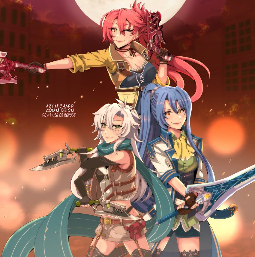 3girls absurdres artist_name azumishard bike_shorts black_gloves blue_hair breasts brown_gloves cleavage_cutout clothing_cutout coat commission cropped_jacket double-parted_bangs dual_wielding eiyuu_densetsu elbow_gloves english_commentary english_text fie_claussell fingerless_gloves floating_hair gloves gun gunblade hair_between_eyes highres holding holding_gun holding_sword holding_weapon laura_s._arseid long_hair looking_at_viewer medium_breasts multiple_girls one_eye_closed pink_hair ponytail sara_valestein scarf sen_no_kiseki sen_no_kiseki_iii sidelocks small_breasts smile sword thighhighs weapon white_hair yellow_eyes