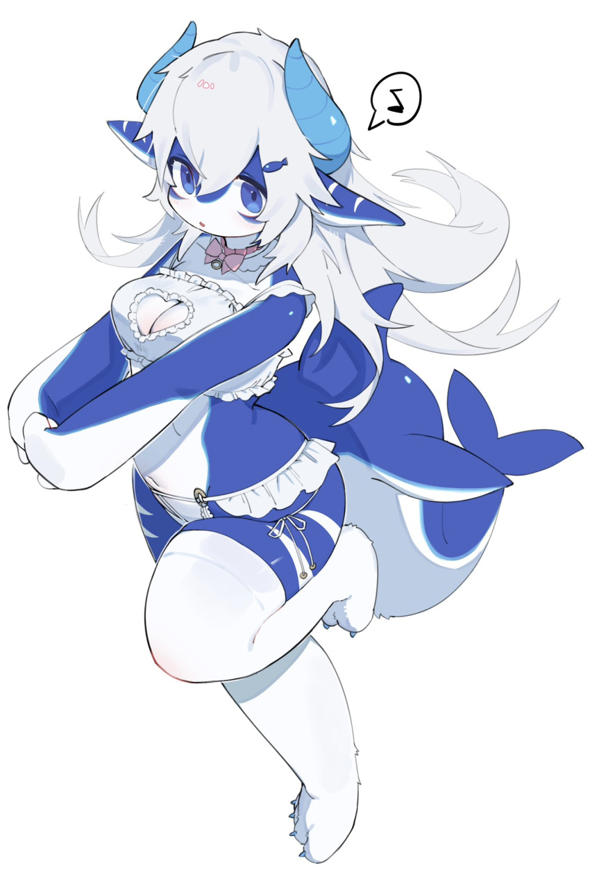 anthro biped blue_eyes blush breasts cleavage clothed clothing female fish hi_res marine non-mammal_breasts recorder_(artist) shark solo tail white_body