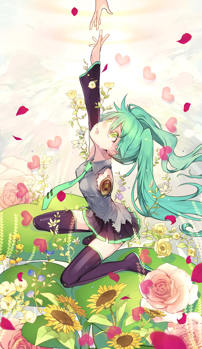 absurdres amputee android aqua_hair bad_id bad_pixiv_id flower green_eyes hatsune_miku heart hello_planet_(vocaloid) highres long_hair necktie noco_(adamas) skirt solo tears thighhighs twintails very_long_hair vocaloid zettai_ryouiki