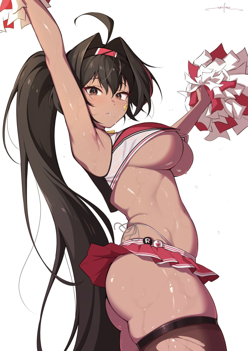 1girl ahoge armpits arms_up ass badge bare_shoulders bay_(nikke) black_hair black_thighhighs breasts button_badge cheerleader collar crop_top dark-skinned_female dark_skin english_commentary from_side goddess_of_victory:_nikke hair_between_eyes hair_intakes hairband highleg highleg_panties highres holding holding_pom_poms large_breasts lock long_hair looking_at_viewer mole mole_on_stomach mole_under_eye mole_under_mouth multicolored_hair padlock padlocked_collar panties parted_lips pom_pom_(cheerleading) ponytail red_hair side-tie_panties signature skindentation solo spiked_collar spikes star_sticker sticker_on_face streaked_hair sweat thick_thighs thighhighs thighs torn_clothes torn_thighhighs two-tone_skirt two-tone_tank_top underboob underwear unsfrau very_long_hair white_background white_panties
