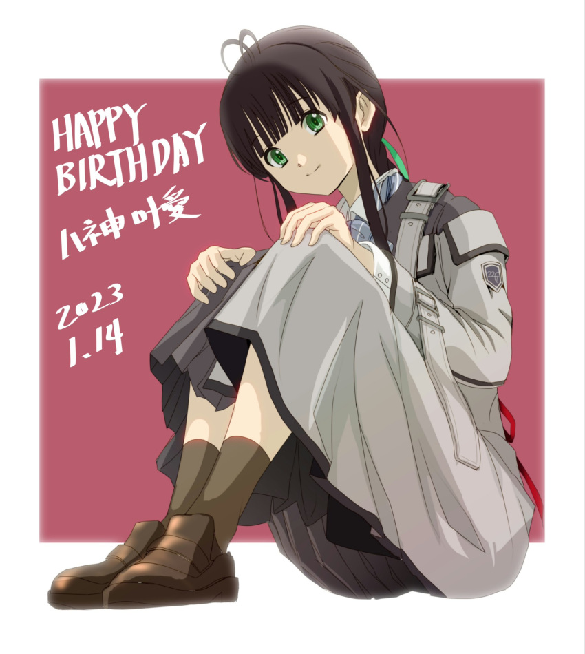 1girl 22/7 antenna_hair black_hair bow bxtbsy7q76gxh73 character_name closed_mouth dated dress green_eyes hair_bow happy_birthday highres knees_to_chest long_hair looking_at_viewer shoes sitting socks solo yagami_toa